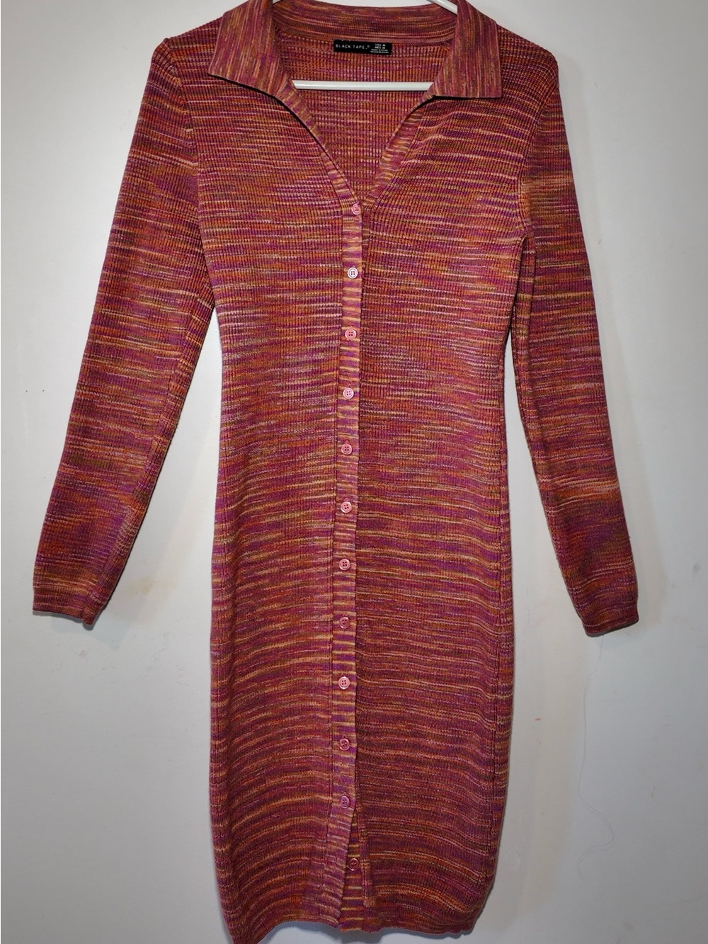 Black Tape_ Pink Multi-Stripe Button-Front Knit Dress